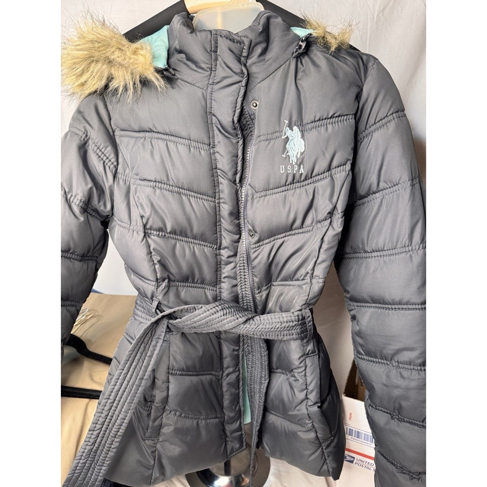 Ralph Lauren Women's Faux-Fur-Trim Hooded Down Puffer Size Medium Grey&teal